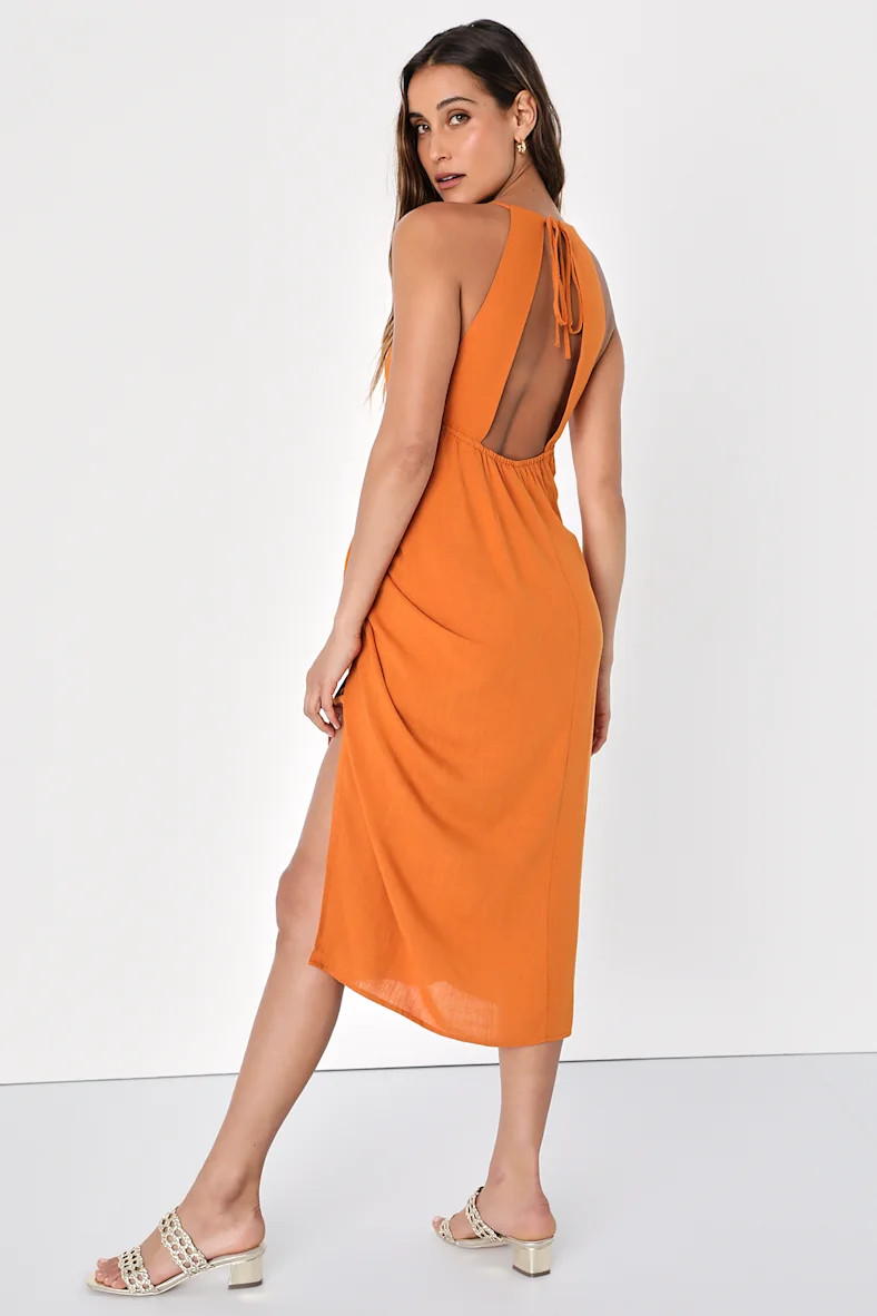 Malaga Moment Rust Orange Halter Faux Wrap Midi Dress | Lulus (US)