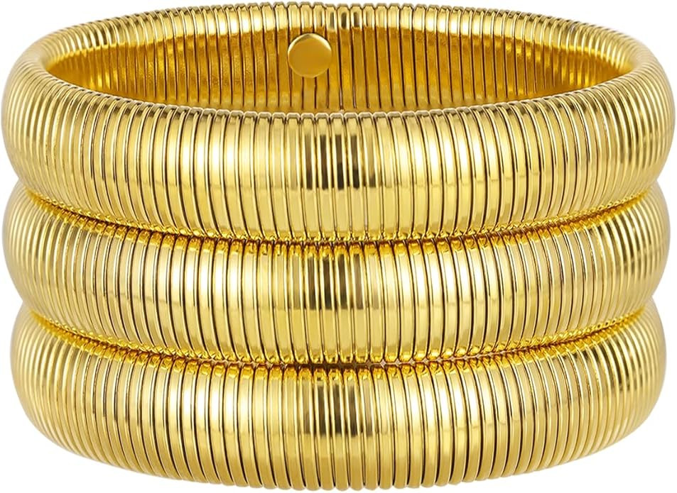 Gold Bangles Bracelet Set for Women, 18K Gold Plated Chunky Stainless Steel Non Tarnish Stretch B... | Amazon (US)