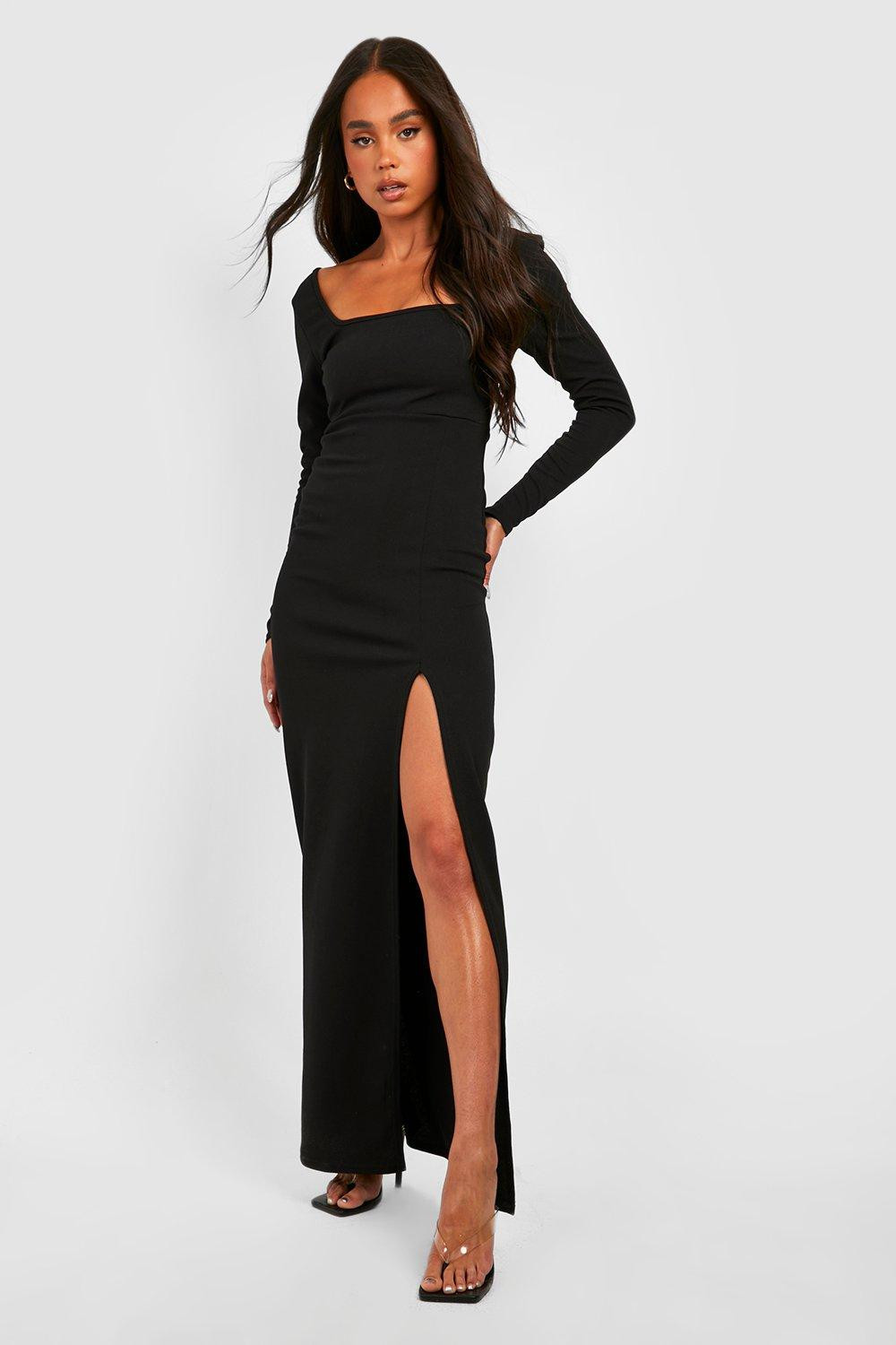 Womens Petite Long Sleeve Side Split Square Neck Maxi Dress - Black - 8 | Boohoo.com (US & CA)