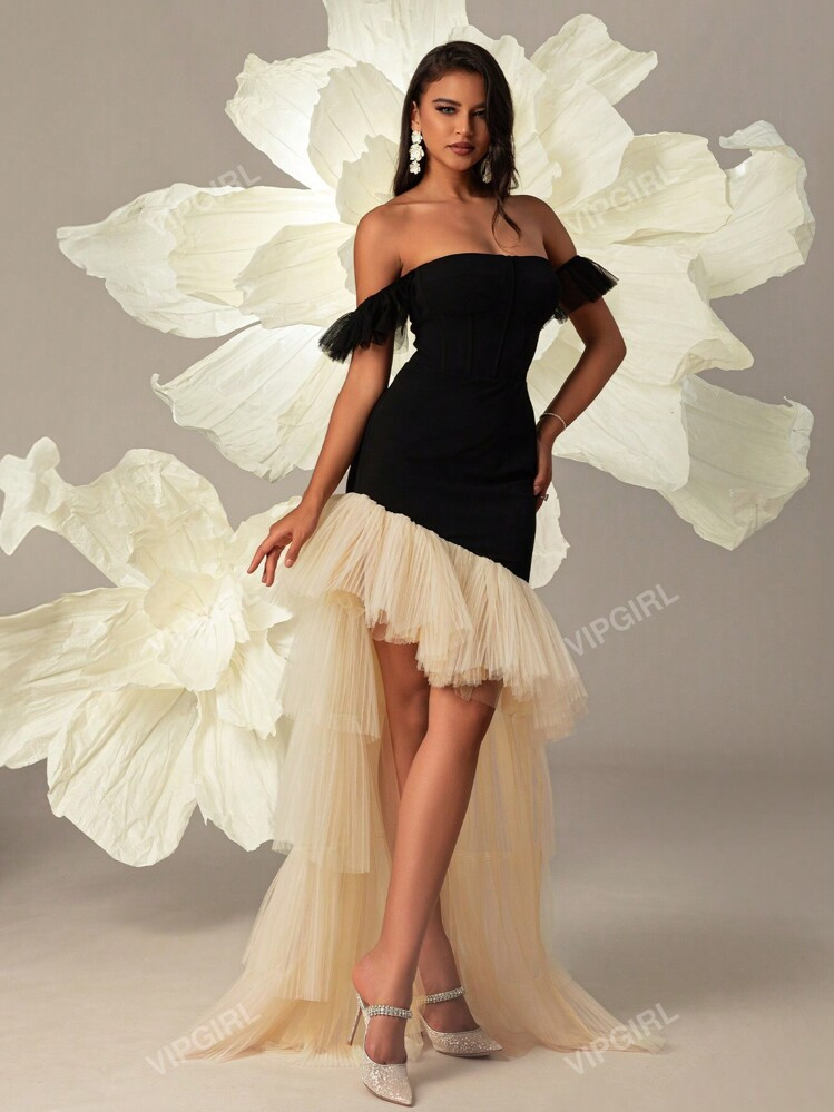 VIPGIRL Elegantes Schwarzes Asymmetrisches Abendkleid Mit Tuell-Patchwork Und Off-Shoulder Ausschnitt Für Frauen, Formelle Abendkleider Für Abschlussball, Party, Hochzeitsgäste, Abschluss | SHEIN