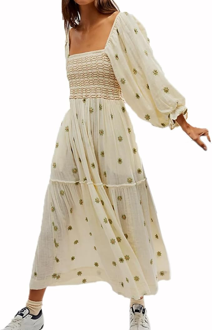Women Floral Embroidered Maxi Dress Long Puff Sleeve Square Neck Bohemian Flowy Dress with Pocket... | Amazon (US)