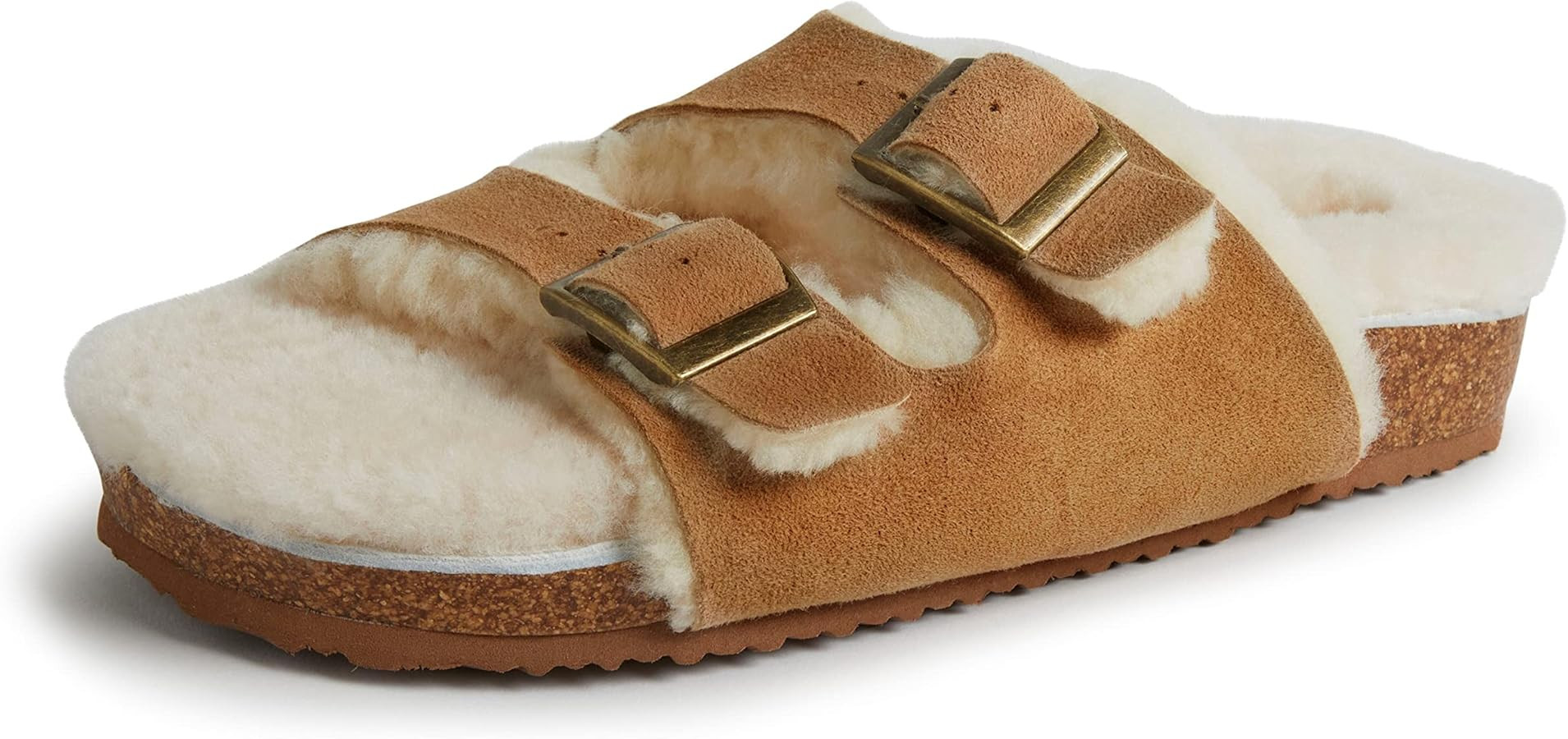 Dearfoams womens Fireside Tamworth Shearling Slide Sandal With Cork Footbed and Adjustable Buckle... | Amazon (US)