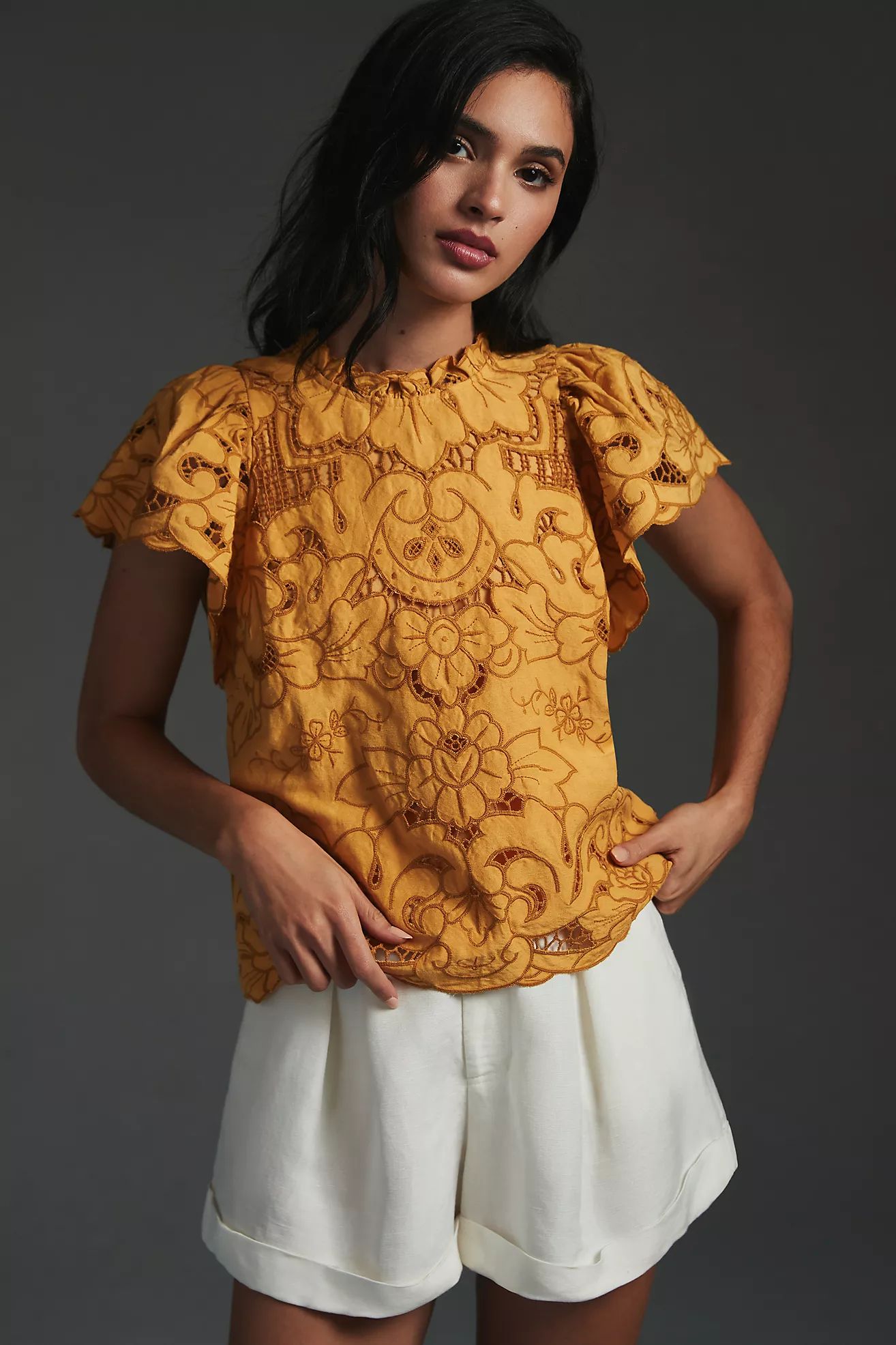 By Anthropologie Ruffle-Collar Lace Cutout Blouse | Anthropologie (US)