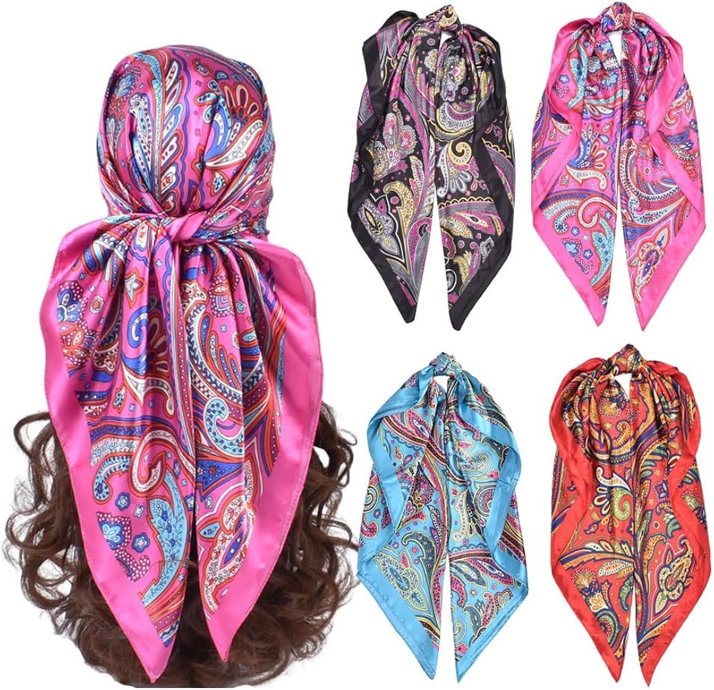 4Pcs Silk Head Scarves for Women Satin Hair Scarf 35”Large Square Bandana Silk Like Neck Scarf ... | Amazon (US)