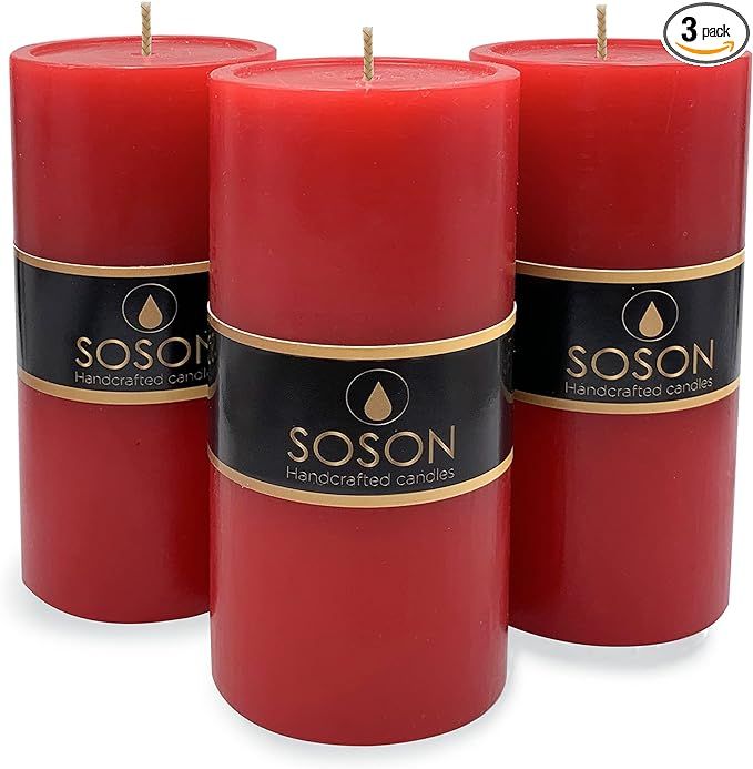 Simply Soson Premium 3x6 Inch Red Pillar Candles Set of 3 - Unscented Candles - Large Candle for ... | Amazon (US)