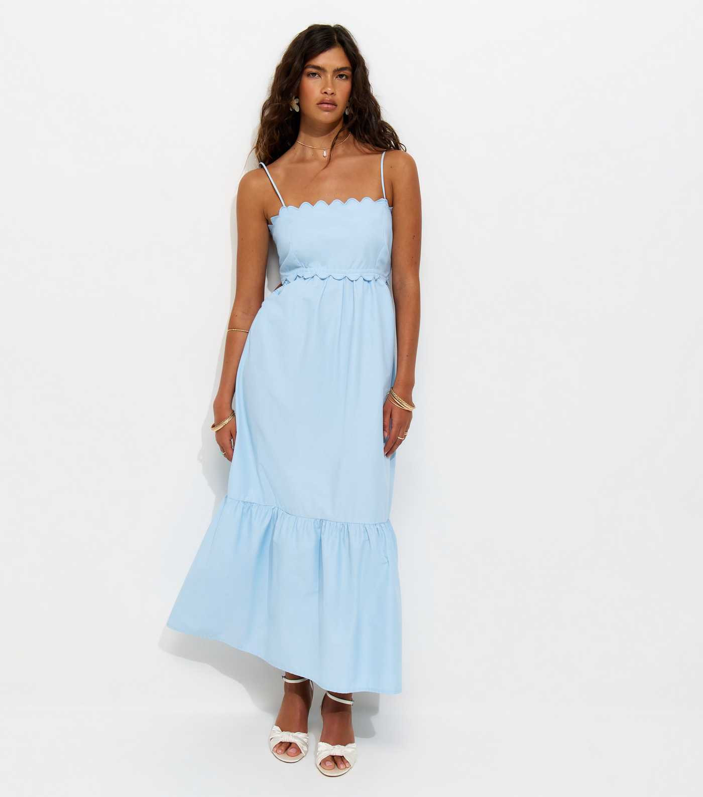 Light Blue Scalloped Edge Strappy Poplin Midi Dress | New Look | New Look (UK)