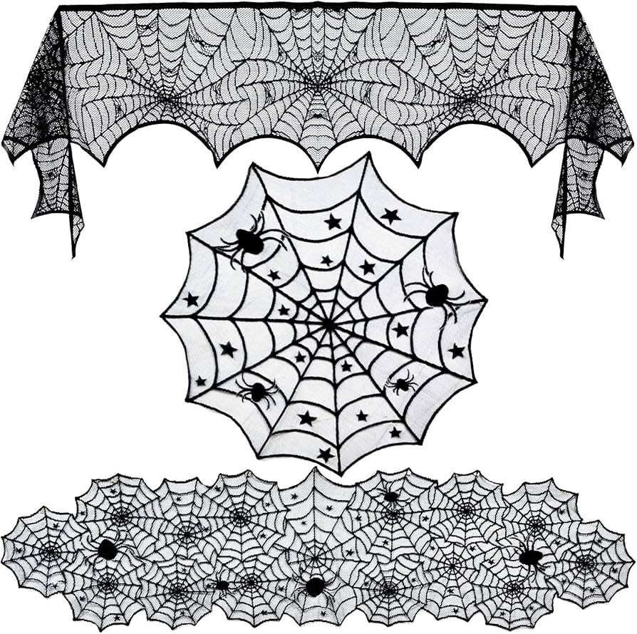 Tayfremn 3pack Halloween Decorations Set Halloween Tablecloth Black Lace Round Spider Cobweb Tabl... | Amazon (US)