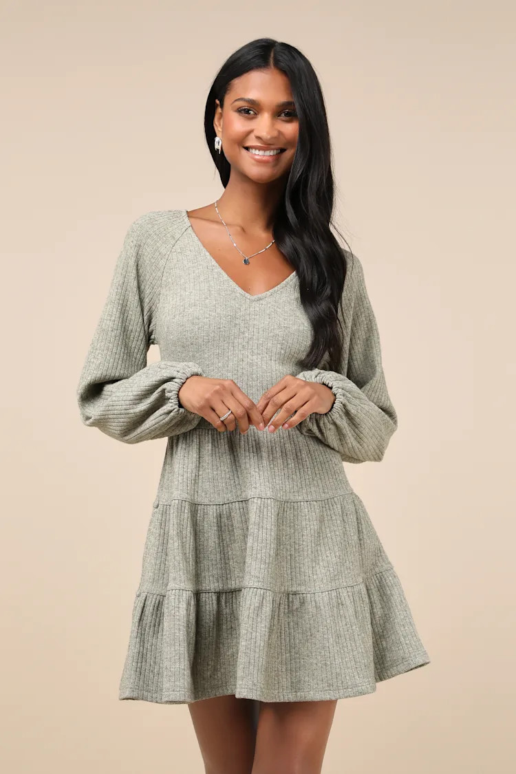 Adorable Option Heather Green Long Sleeve Mini Sweater Dress | Lulus