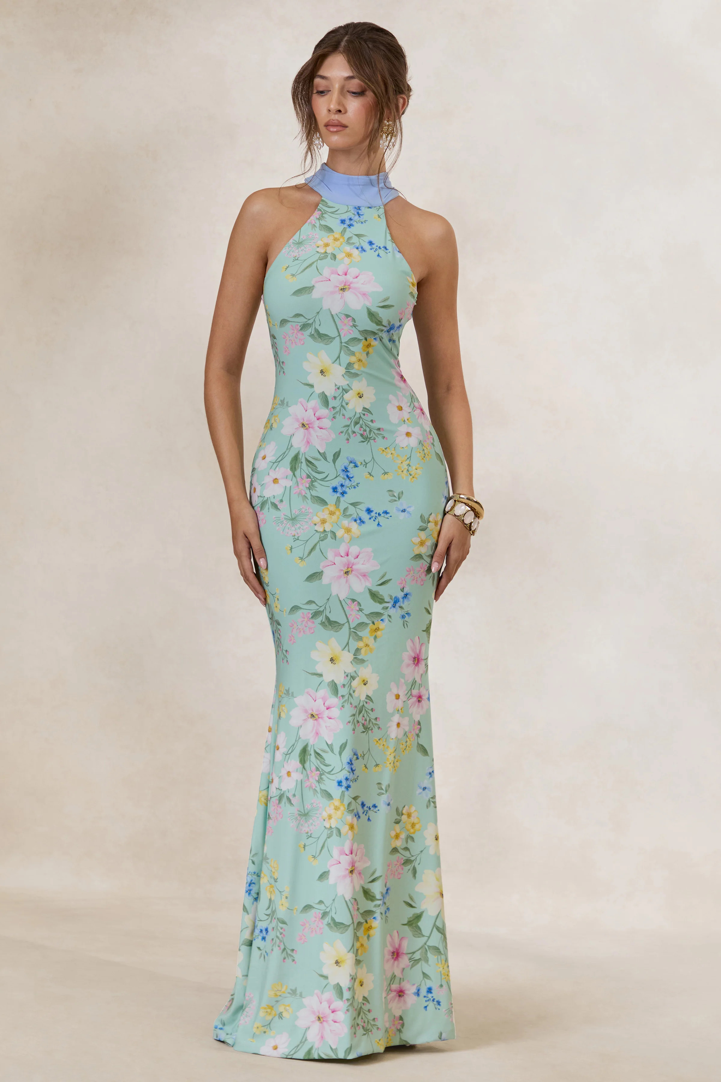 Inarah | Mint Floral Print High-Neck Maxi Dress With Scarf Detail | Club L London