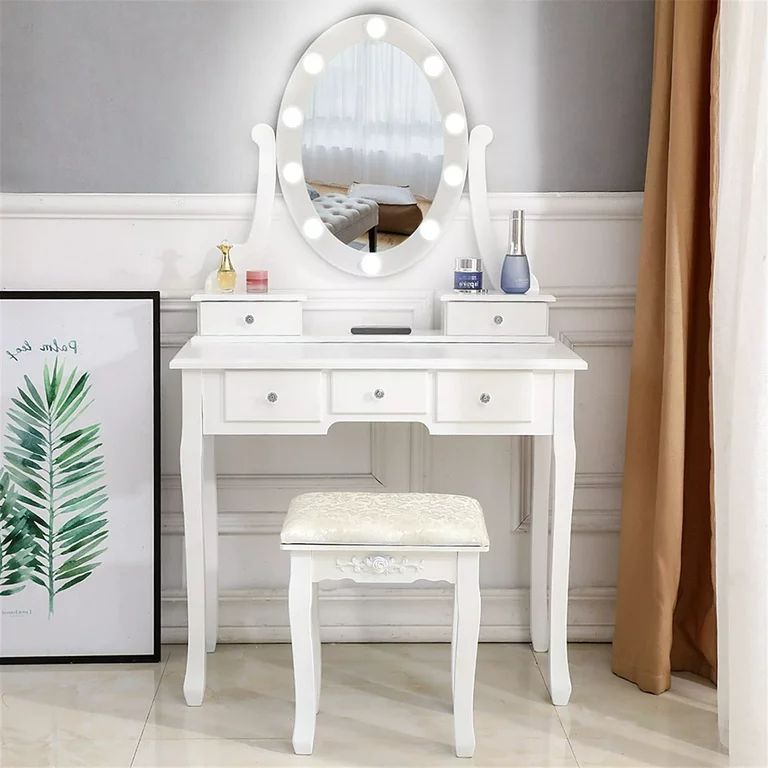 Ktaxon Vanity Table 10 LED Lights, 5 Drawers Makeup Dressing Desk with Cushioned Stool Set,Bedroo... | Walmart (US)