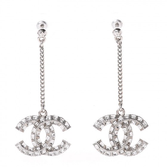 CHANEL Baguette Crystal CC Drop Earrings Silver | Fashionphile