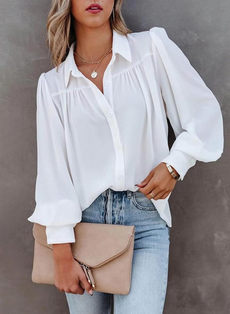 Astylish Womens Long Sleeve Button Down Shirt Casual Solid Color V Neck Blouse Tops | Amazon (US)