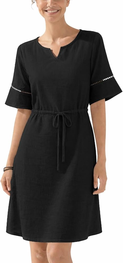 Summer Dresses for Women Linen Casual Mini Short Sleeve Flowy Drawstring Waist Dress with Pockets 2026 Vacation | Amazon (US)