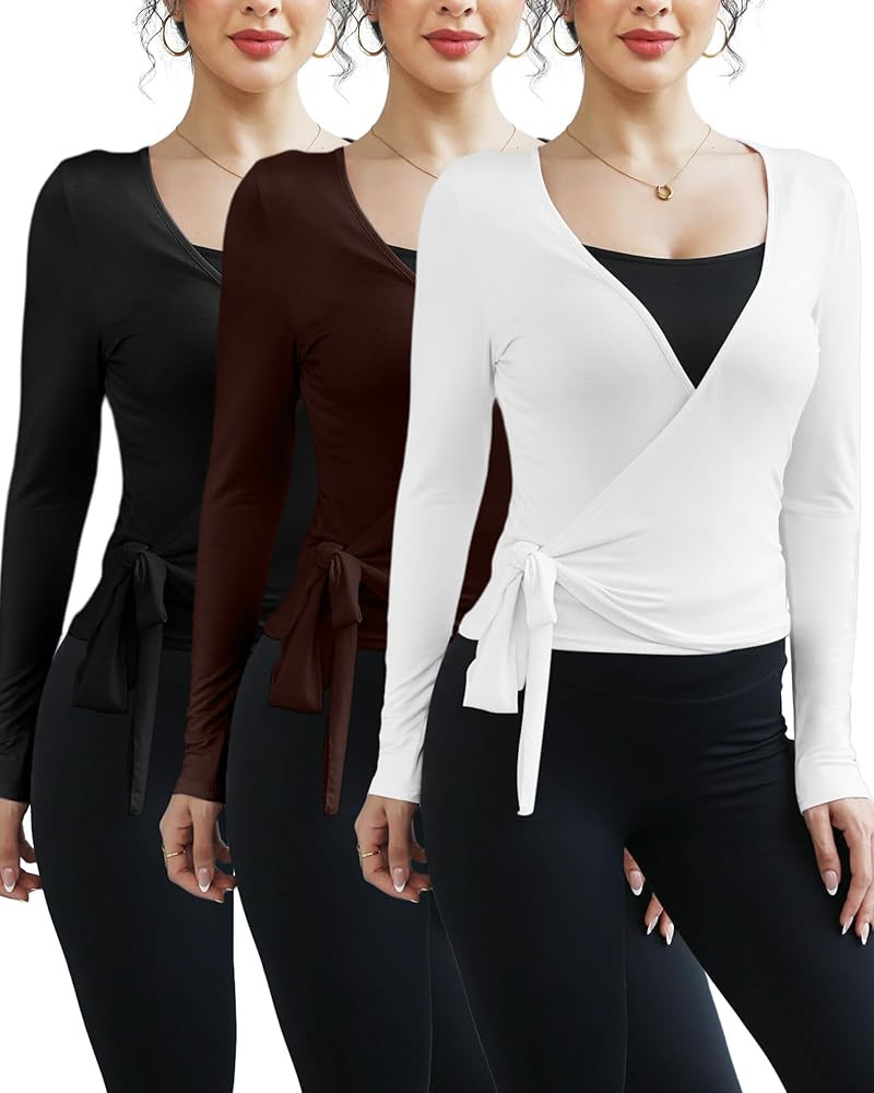 3 Pack Women Ballet Pilates Wrap Tops Y2K Workout Yoga Wrap Shirts Dance Long Sleeve Tie Front Cr... | Amazon (US)