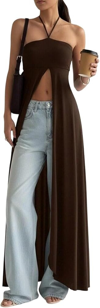 Women Halter Maxi Top Sleeveless High Split Flowy Shirt Tunic Sexy Backless Travel Vacation Long ... | Amazon (US)