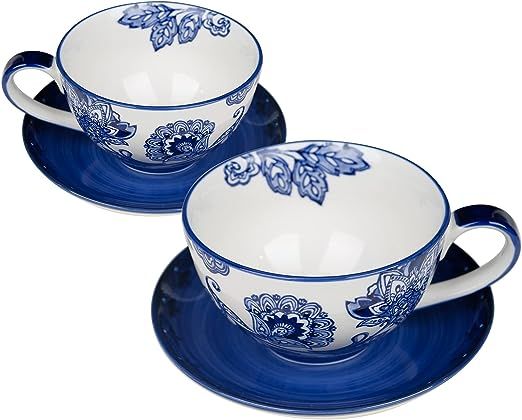 Taimei Teatime Ceramic Tea Cups and Saucers, 10.8oz Coffee Mugs with Plates of 2, Blue and White ... | Amazon (US)