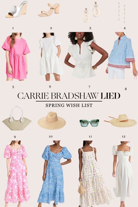 Spring wish list - link, blue and white tops and dresses. So pretty! Sun hats, colored sunglasses and more - all details on CarrieBradshawLied.com. 

#LTKSeasonal