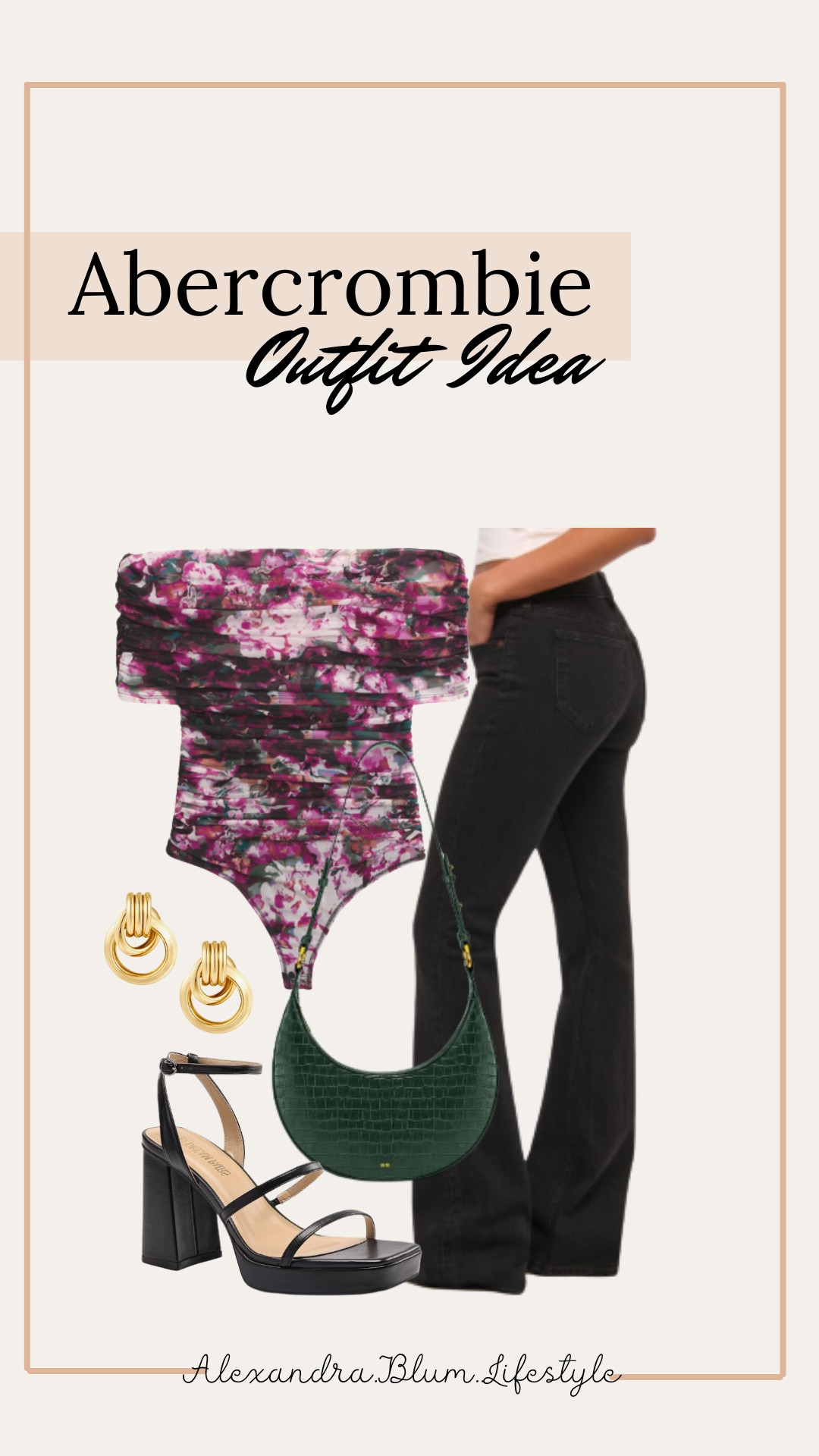 Abercrombie date night outfit idea! Girls night out outfit idea! Cute off the shoulder floral blouse, black flare jeans, green shoulder purse, black chunky heels and trendy gold earrings from Amazon! Amazon outfit! Spring outfits! 

#LTKShoeCrush #LTKItBag #LTKFindsUnder100