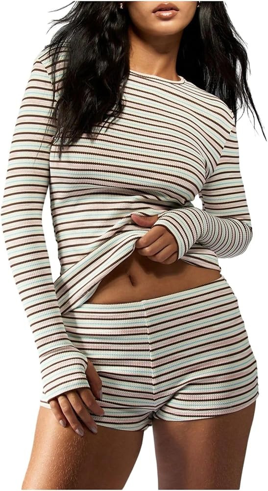 Verdusa Women's Striped Lounge Set 2 Piece Sets Long Sleeve Tops Matching Mini Shorts Set | Amazon (US)