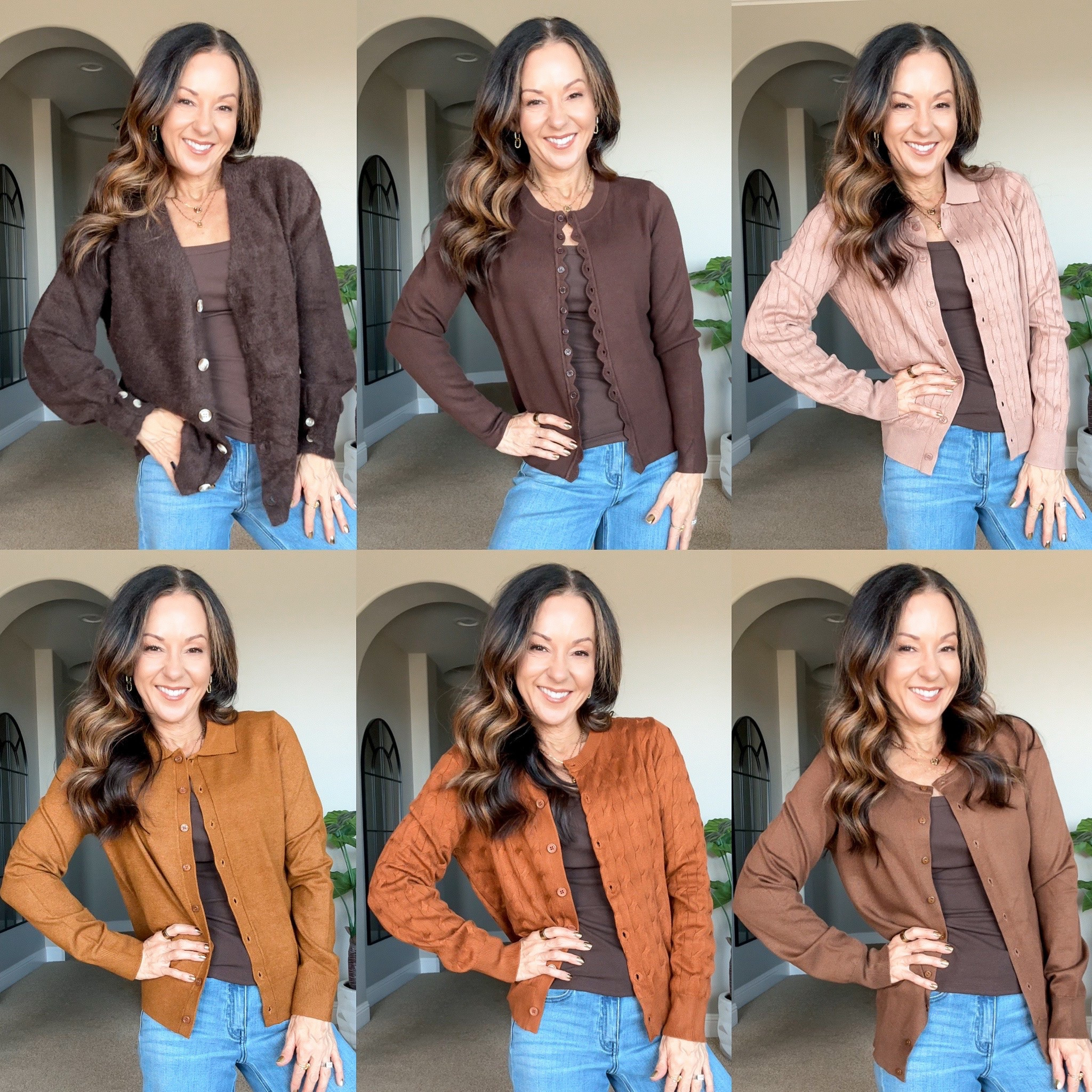 Fall cardigans from Amazon, perfect for every day,, to choose all size small. For reference I’m 5’1”, 107 LBS.   
Built-in bra tank size extra small. Wide leg jeans come in for length options. I’m wearing the size 24 short.

#LTKOver40 #LTKSaleAlert #LTKWorkwear