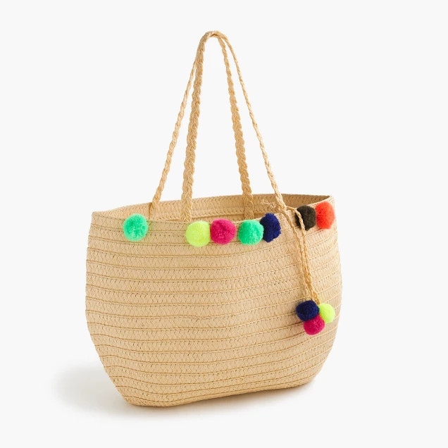 Girls' pom-pom straw tote bag | J.Crew US