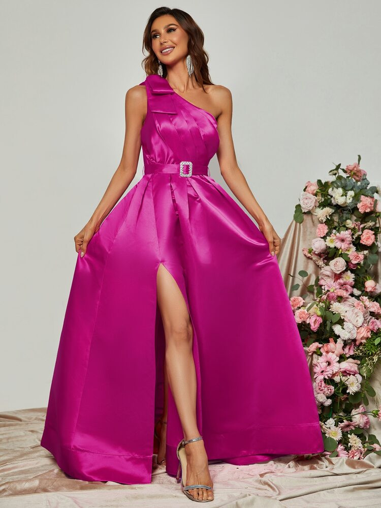 One Shoulder Plicated Detail Split Thigh Rhinestone Belted Satin Dress | SHEIN