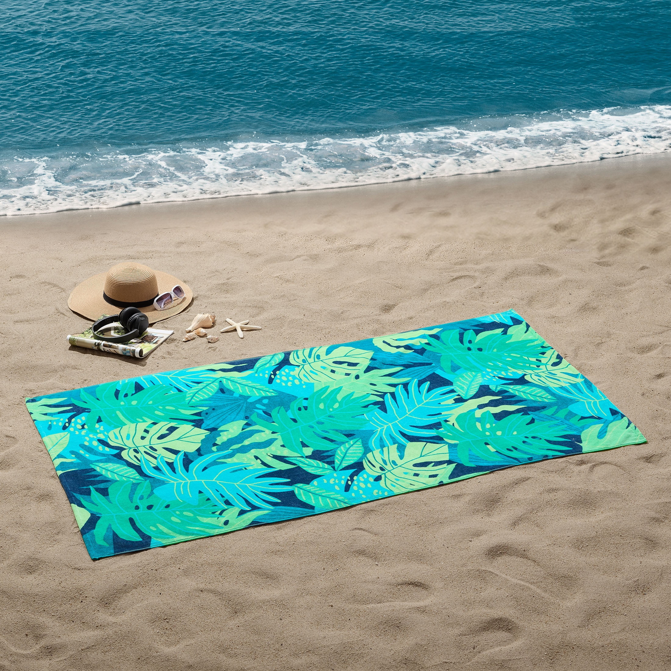 Mainstays Cotton Blend Green Leaf Print Beach Towel, 34" x 64" | Walmart (US)