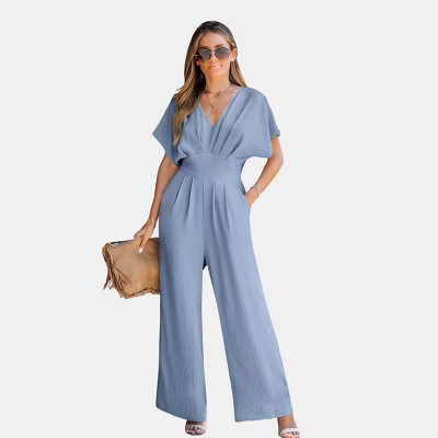 Women's Breezy Crinkled Chiffon Surplice Neckline Wide Leg Jumpsuit - Cupshe-S-Baby Blue | Target