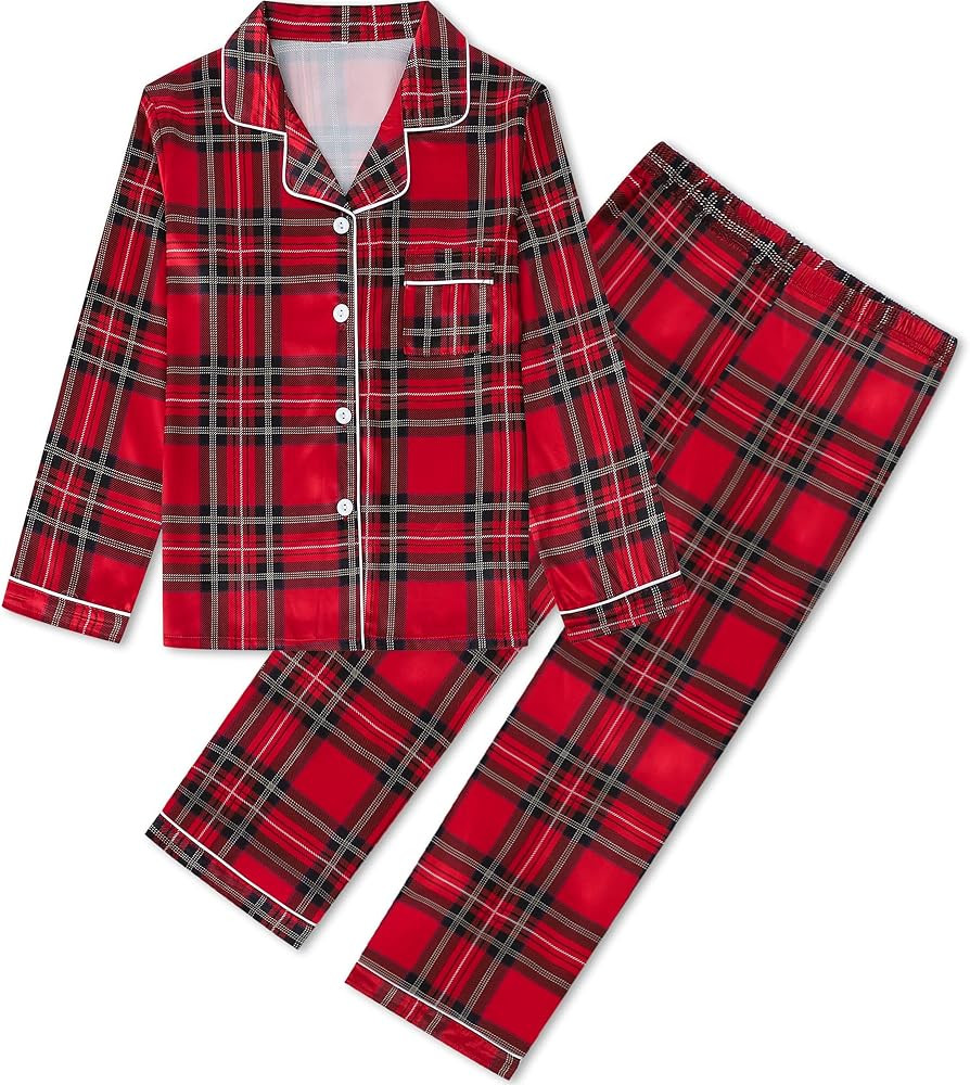 Umeyda Girls & Womens Satin Pajamas Set, 2 Pieces Silky Pjs Long Sleeve + Pants Sleepwear for Mom... | Amazon (US)