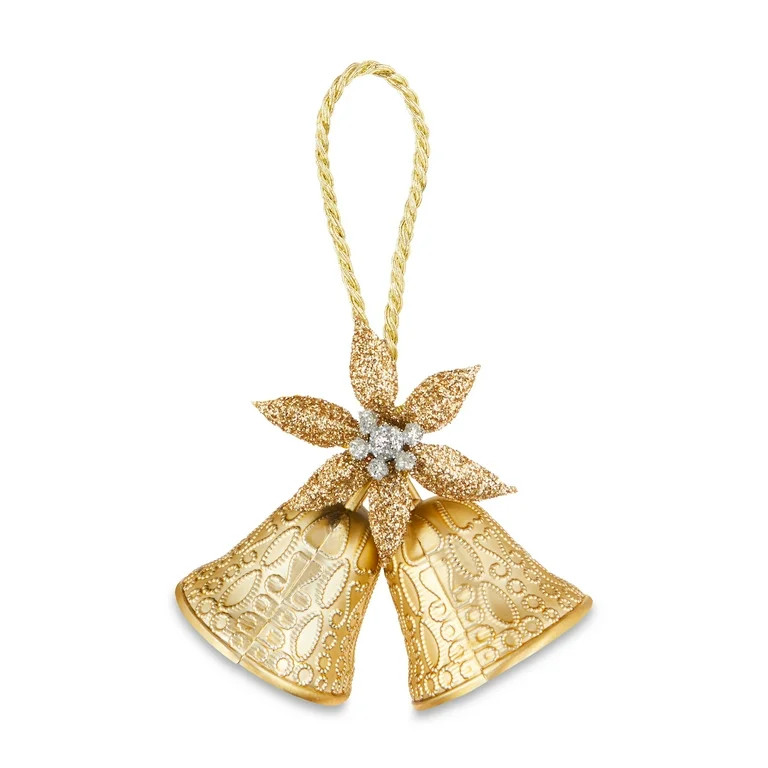 Mini Silver Poinsettia Double Bell Christmas Ornaments, 4 Count, by Holiday Time | Walmart (US)