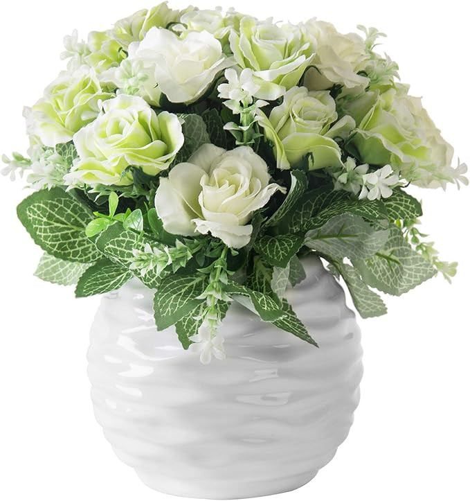 MyGift Artificial Ivory Rose Floral Arrangement in Wave Textured Ceramic Vase | Amazon (US)