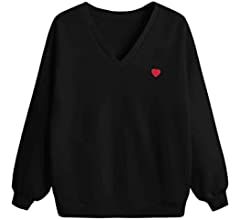 SweatyRocks Women's Heart Graphic V Neck Long Sleeve Sweatshirt Drop Shoulder Pullover Top | Amazon (US)