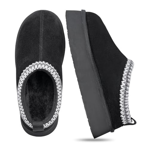 FITORY Womens Platform Slippers, Suede Ankle Boots with Fleece-lined for Indoor Outdoors Size 9 Black | Amazon (US)