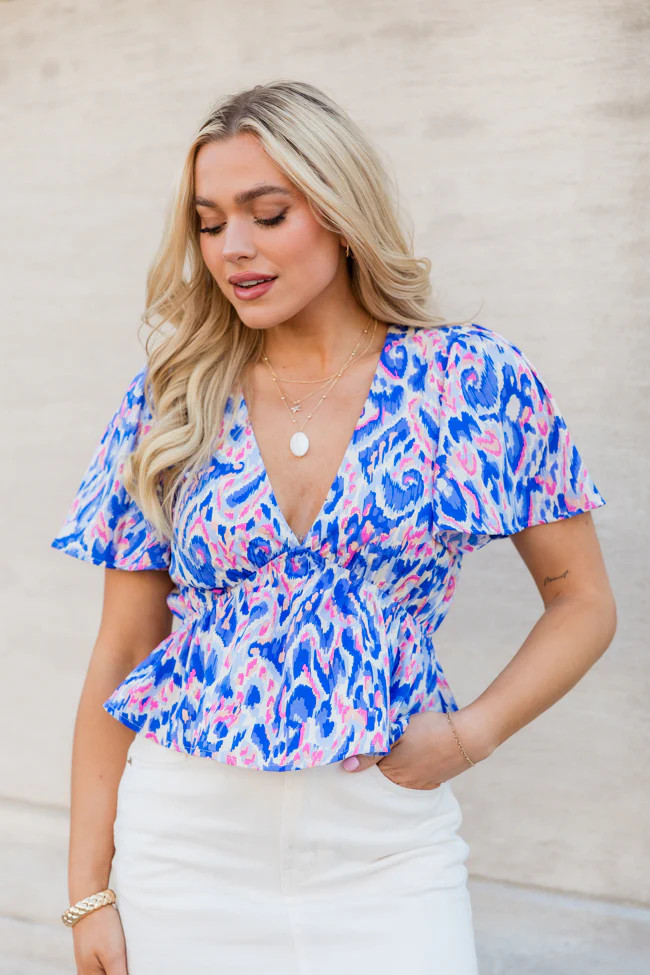 Snagged Your Attention Blue Short Sleeve Printed Top SALE | Pink Lily