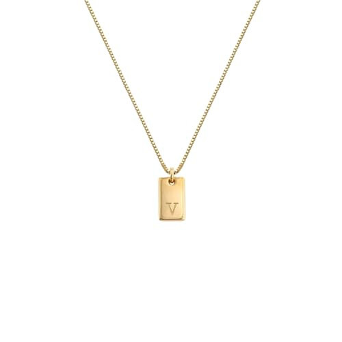 OAK & LUNA - Sterling Silver A-Z Initial Tag Necklace - Letter Pendant on Box Chain, Elegant & Gift‑Ready (Letter V, 18K Gold Plated Silver, 18" Box Chain) | Amazon (US)