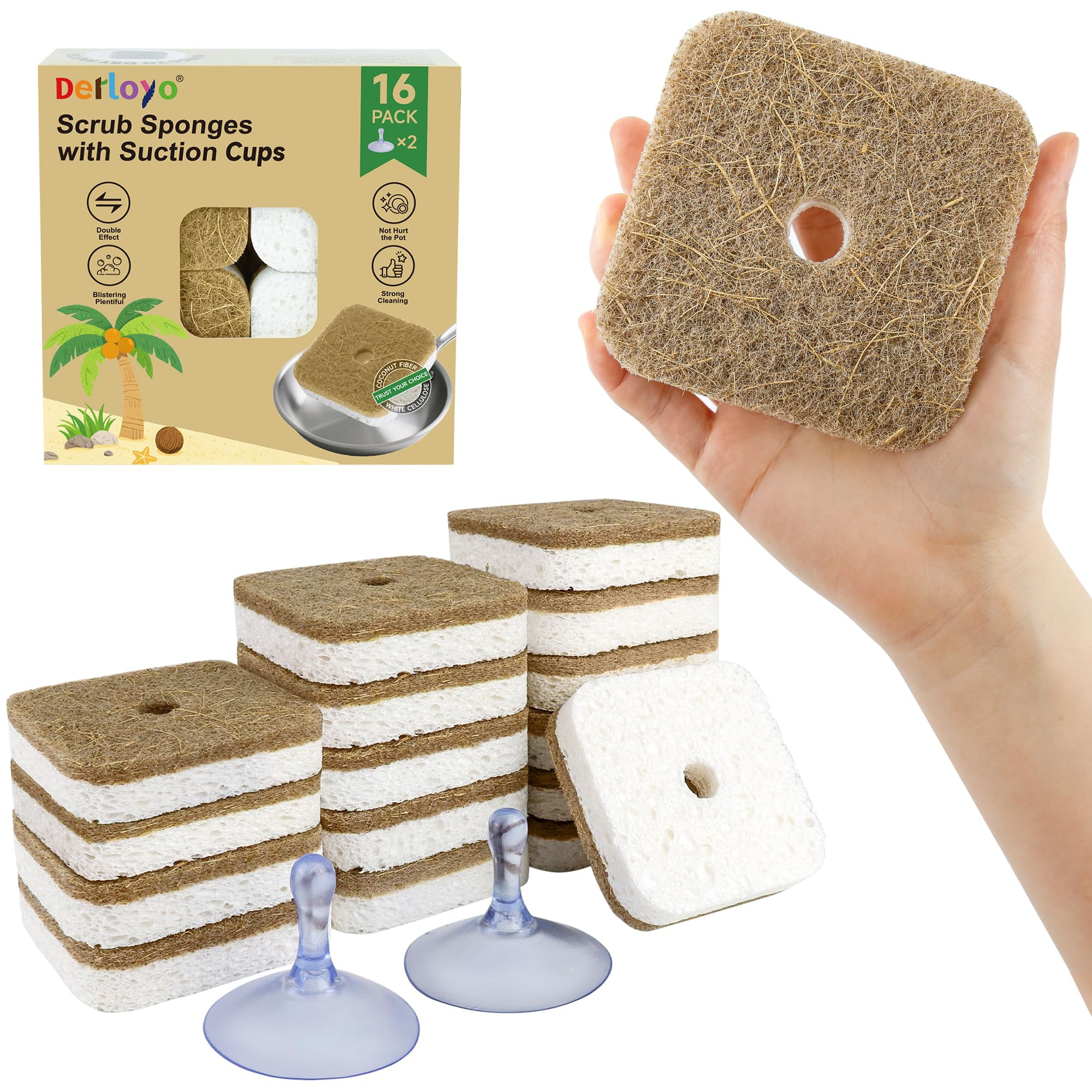 16 Pack Biodegradable Natural Kitchen Sponges, Compostable Cellulose & Coconut​​ Square Scrub... | Amazon (US)