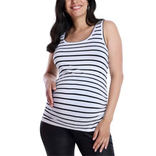 Motherhood Maternity Women's Side Ruched Scoop Neck Pregnancy Tank Top, Black/White Stripe, Small | Amazon (US)
