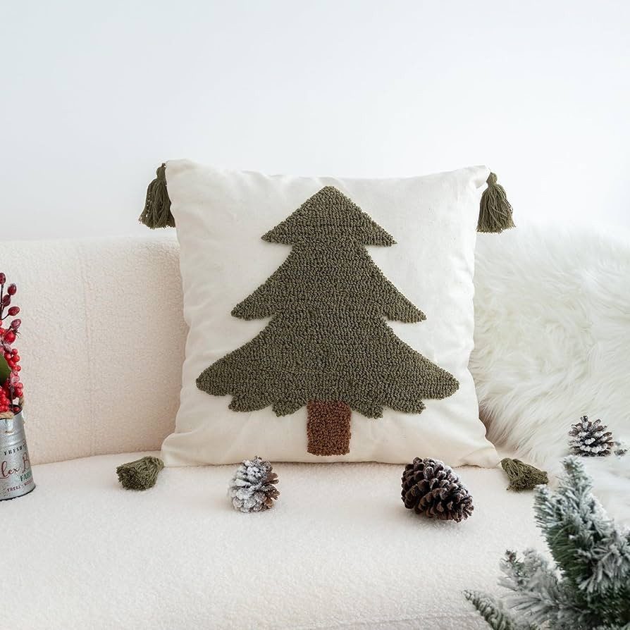 Green Tufted Christmas Tree Throw Pillow Cover, New Year Farmhouse Pillowcase with Tassels, Hand ... | Amazon (US)