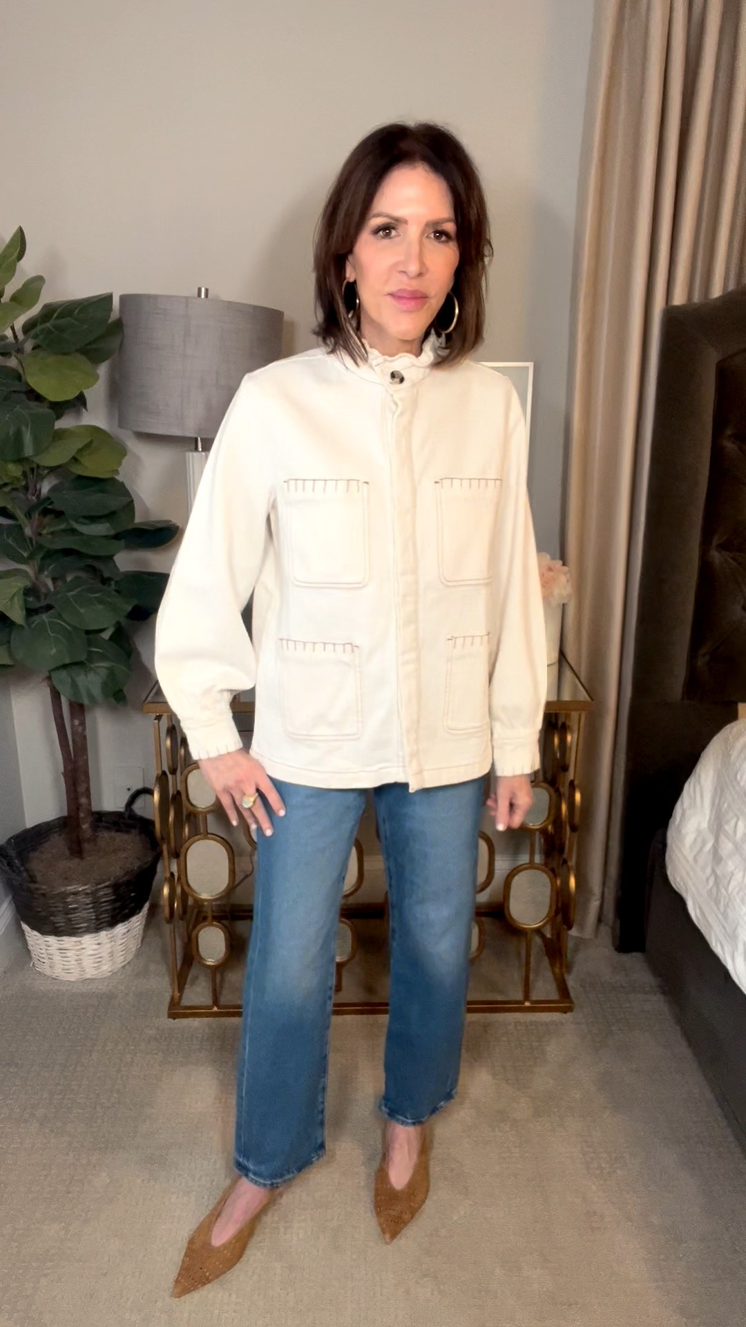 cream jacket, white ruffle blouse, straight leg denim, suede cut out heels, gold hoop earrings, over 50 outfits, neutral outfit 

#LTKootd #LTKSeasonal #LTKOver40