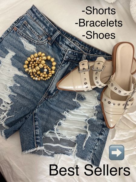 Best sellers

Denim shorts from American Eagle 
Fire true to size 

Buckle pointed toe slides, fits tts comes in several colors 

Lisi lurch gold beads 
