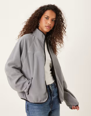 ASOS DESIGN zip through fleece in charcoal with black binding | ASOS (Global)