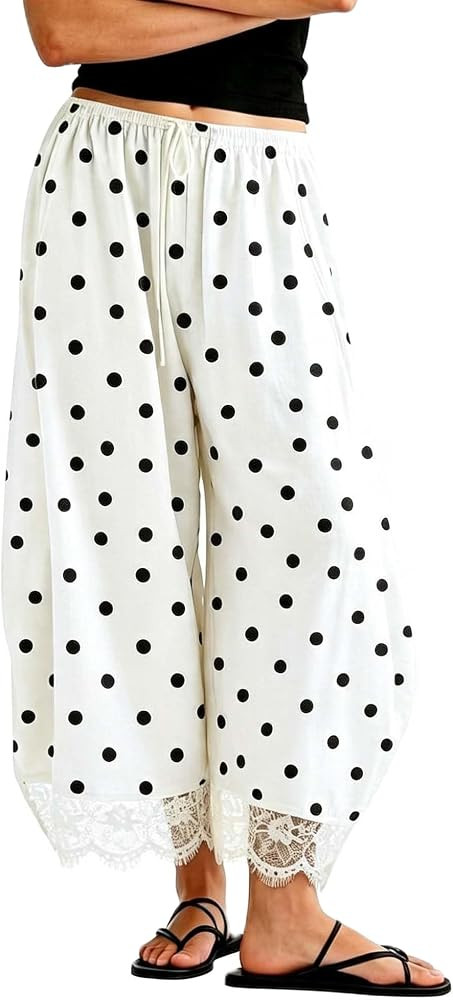 Mxiqqpltky Cropped Lace Hem Pants Women Polka Dot Drawstring Baggy Pants | Amazon (US)