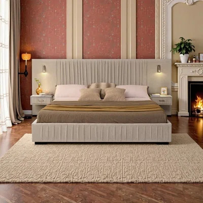 King Size Upholstered Platform Bed with Headboard, Built-in Nightstands &Adjustable Lamps | Wayfair North America