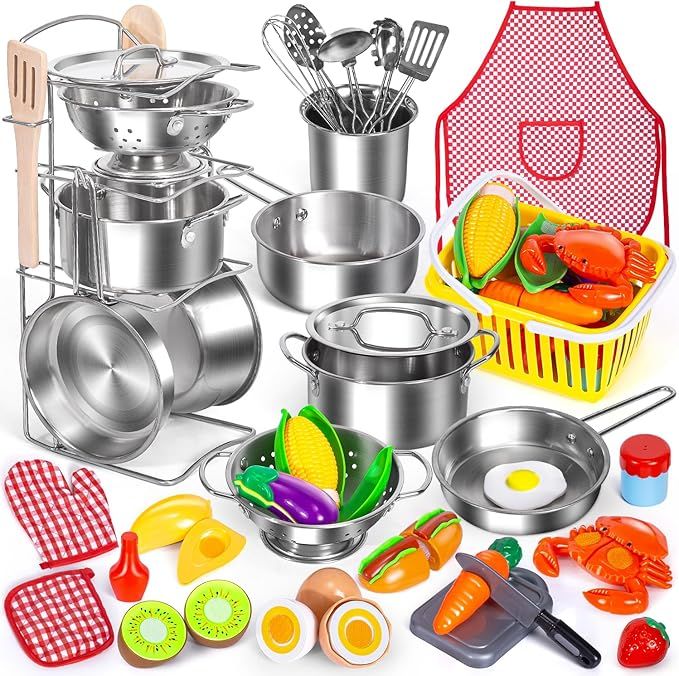 Kids Pretend Play Kitchen Toys Accessories Set, 32 Items Stainless Steel Toy Pots and Pans Sets w... | Amazon (US)