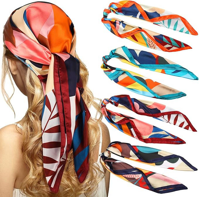 4 Pcs 35 Inch Large Square Satin Hair Scarf Silk Like Head Scarf Floral Satin Head Wrap Flower Ha... | Amazon (US)