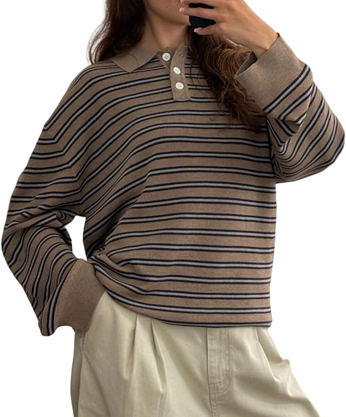 Oversized Striped Sweater for Women Collared Long Sleeve Preppy Polo Sweater Vintage Aesthetic Kn... | Amazon (US)