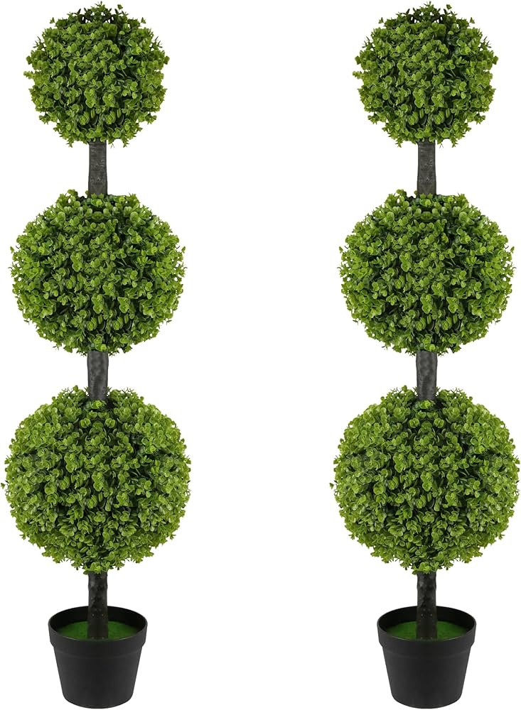 2 Pack Artificial Topiary Ball Tree 4FT, Set of 2 Faux Triple Balls Tree in Pot Shrubs Plants for... | Amazon (US)