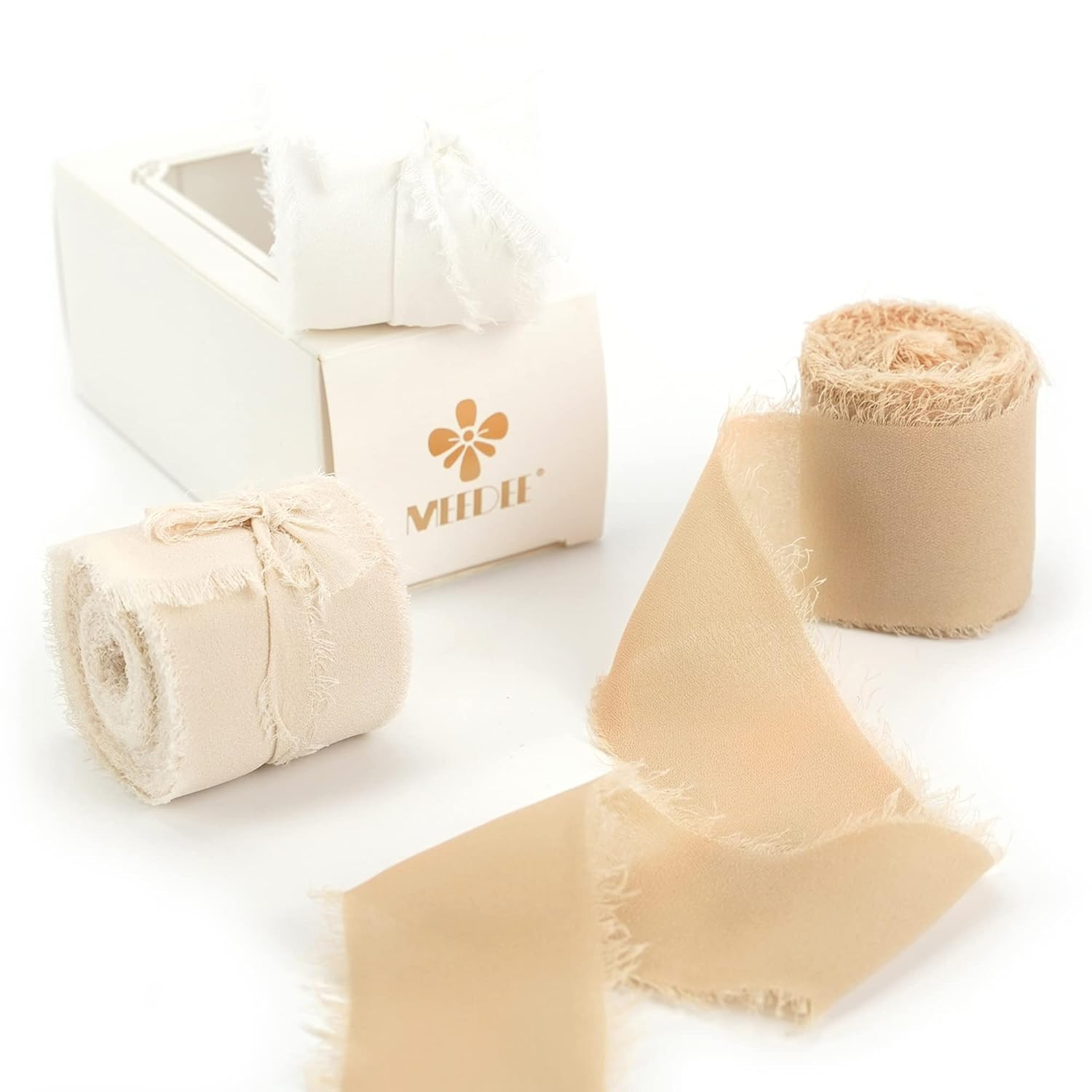 MEEDEE Chiffon Ribbon Handmade Fringe Silk Ribbon 1.5" x 6 Yards Ivory Nude White Chiffon Ribbon ... | Amazon (US)