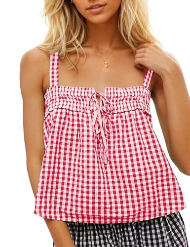 CITASHION Cotton Gingham Tank Tops Cute Plaid Tie Front Tank Tops for Women Checkered Tanks Top Summer Y2k Going Out Top Red M | Amazon (US)