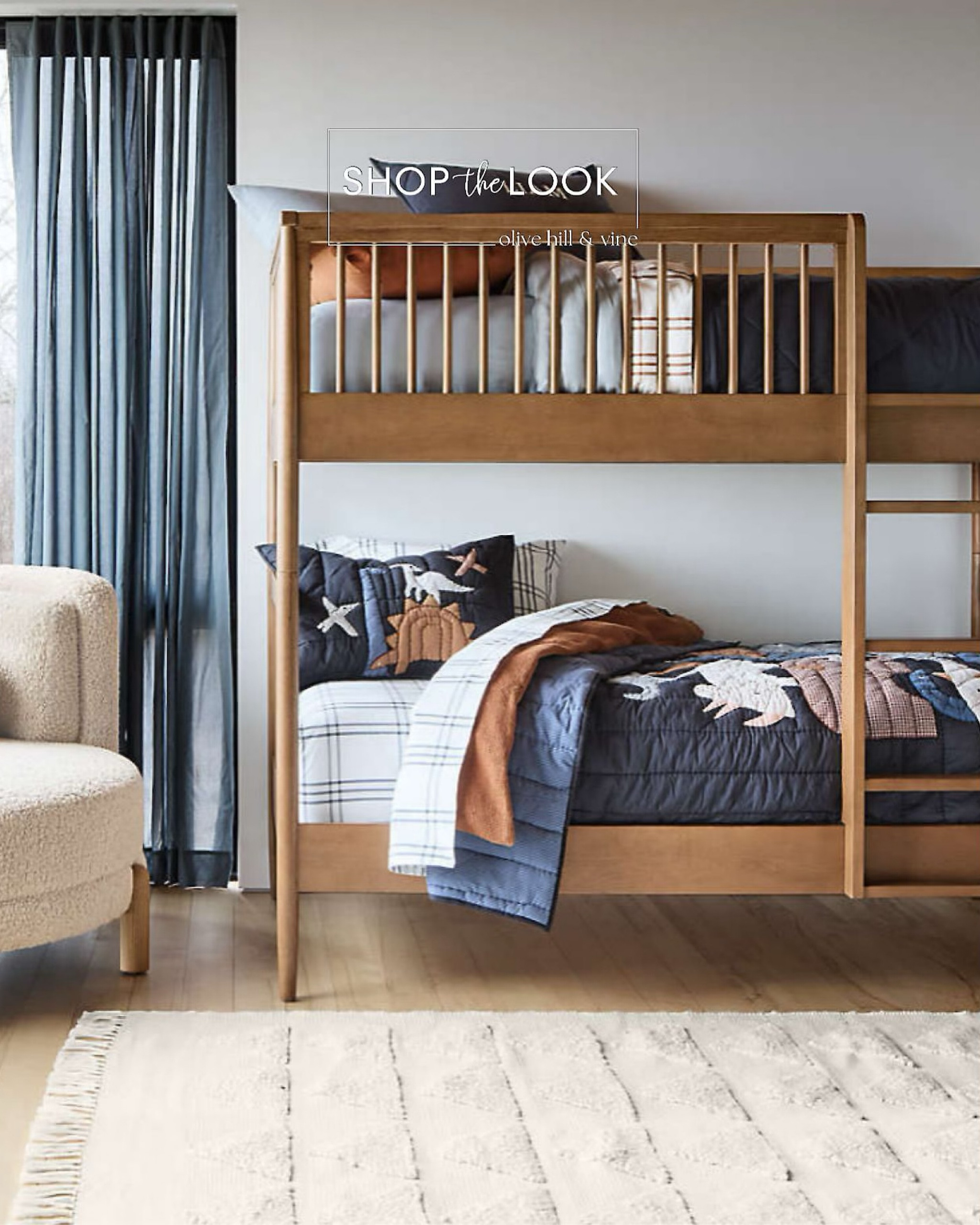 Twin bunk beds with modern spindle detailing set the stage for a boy’s dream room. Layered with reversible geometric dino and stripe quilting, a waffle weave duvet, and a flatweave rug, it’s cozy perfection. The sherpa lounge chair and blue blackout curtains complete the vibe. 

#LTKFamily #LTKHome #LTKKids
